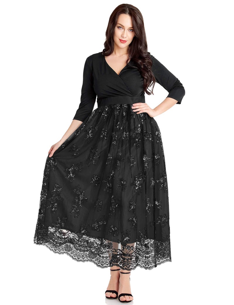 GRAPENT Women's Plus Size Sequin 3/4 Sleeves Evening Gown Party Long Maxi Dress Black Size 18W - Image 1
